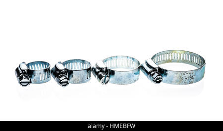 Stainless Steel Metal Hose Clamp isolated on a white background. Ideal tool for plumbers, construction workers and household repairing. Stock Photo