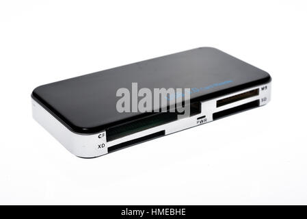 Close Up of external generic USB 3.0 Card Reader isolated. Multi card reader for SD, CF, dx, MS, TF and m2 memory card isolated on white background Stock Photo