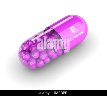 3d rendering of B1 vitamin pill lying on white table Stock Photo