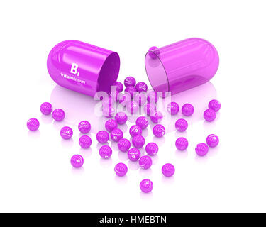 3d rendering of B1 vitamin pill lying on white table Stock Photo