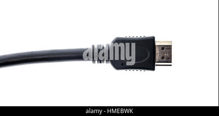 Black audio video HDMI computer cable isolated on white background. Close up of home entertainment connection cable for sound and video. Stock Photo