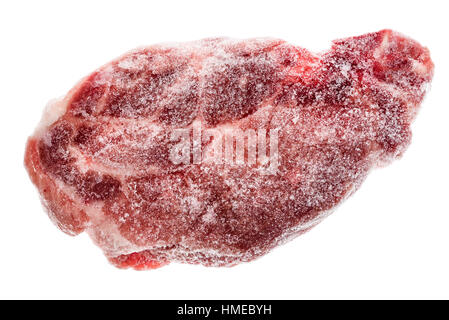 Frozen raw pork neck chops meat steak isolated on white. Frozen uncooked slices of beef steaks, tenderloin or rib eye with ice crystals on it. Stock Photo