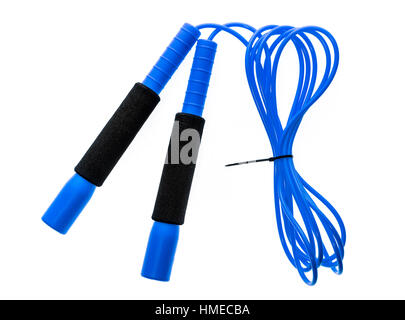 Blue jump rope or skipping rope isolated on white background. Sports, fitness, cardio, martial art and boxing accessories. Stock Photo