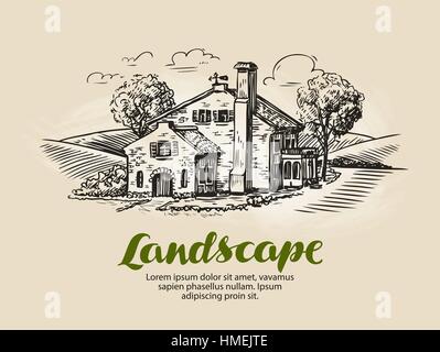 House, summer cottage sketch. Vintage farm, rural landscape vector illustration Stock Vector