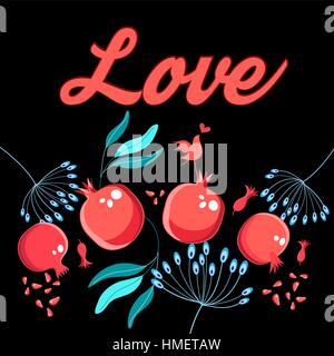 Vivid graphic card with grenades and love bird Stock Vector