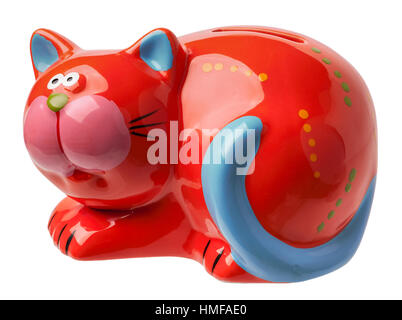 Moneybox in the form of a red cat with a blue tail is isolated on a white background Stock Photo