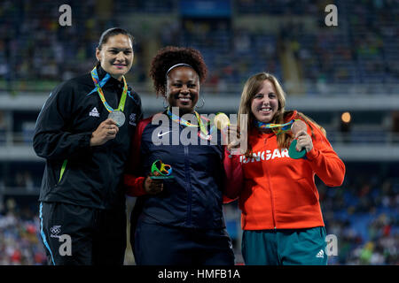 Rio de Janeiro, Brazil. 13 August 2016.  Michelle Carter (USA) gold medal winner, Valerie Adams (NZL) silver, Anita Marton (HUN) bronze in the Women's Stock Photo