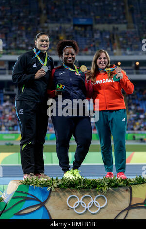 Rio de Janeiro, Brazil. 13 August 2016.  Michelle Carter (USA) gold medal winner, Valerie Adams (NZL) silver, Anita Marton (HUN) bronze in the Women's Stock Photo