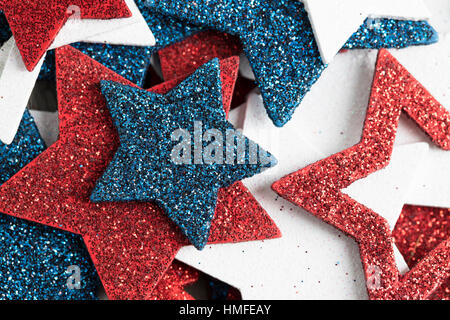 Close up of glitter red white and blue patriotic stars. Stock Photo