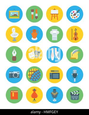 Art and crafts flat vector round icons set. Colorful symbols of painting, architecture, sculpture, writing, music, ballet, theater, cinema, calligraph Stock Vector