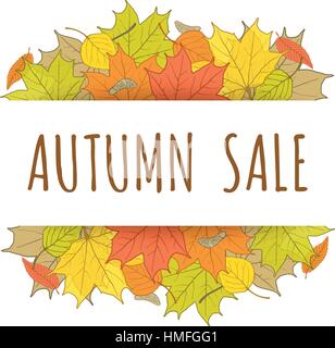 Autumn sale label with hand drawn fallen leaves. Fall seasonal promotional header with text. Vector sketch border for flyer or special offer of shop o Stock Vector