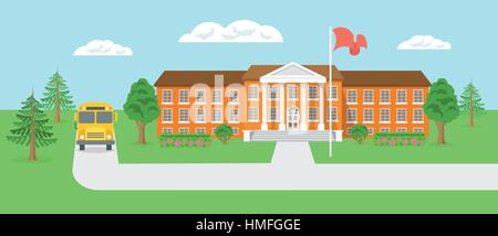 Modern flat vector illustration of school building and yard with green trees, shrubs, flowers, firs, road and school bus. Educational landscape horizo Stock Vector