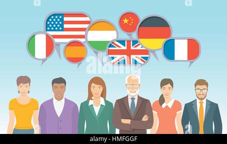 Foreign language school for adults. Group of different men and women with speech bubbles, flags of different countries. Business international communi Stock Vector
