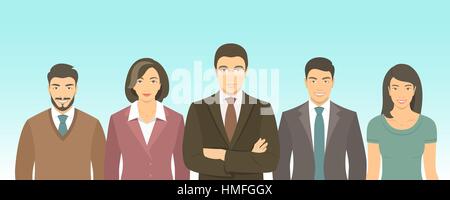 Business people group flat vector illustration. Successful team of young ambitious Asian men and women in business suits. Office staff employment conc Stock Vector