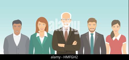 Modern flat vector illustration of business people teamwork, men and women, boss and employees in business suits. Group of business professionals hori Stock Vector