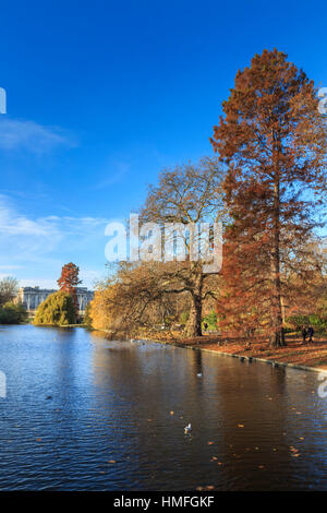 St. James's Park, with view across lake to Buckingham Palace, sunny late autumn, Whitehall, London, England, United Kingdom Stock Photo