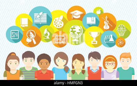 Horizontal flat vector banner with a group of kids and educational icons of school subjects in colored circles. Stock Vector