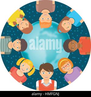Flat vector conceptual illustration of children of different races around the Earth in front of starry sky. Childhood friendship worldwide. Smiling ha Stock Vector