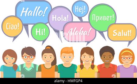 Flat vector Illustration of happy smiling kids of different ethnicity that say hello in different languages with speech bubbles on white.Language Scho Stock Vector