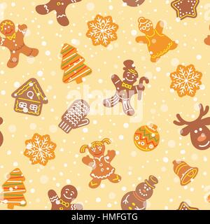 Flat vector Christmas background seamless pattern with different cookies. Gingerbread men, deer, snowflake, bell and other winter holidays symbols. Tr Stock Vector
