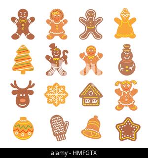 Set of flat vector icons of different Christmas cookies. Gingerbread men, Christmas tree, reindeer, snowflake, mitten, bell and other holiday symbols, Stock Vector