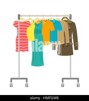 Hanger rack with male and female clothes. Flat style vector illustration. Casual garment hanging on portable rolling metal commercial hanger stand. Ev Stock Vector