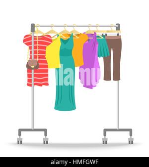 Hanger rack with women clothes collection. Flat style vector illustration. Female casual garment hanging on rolling metal commercial stand. Summer sal Stock Vector