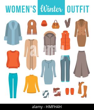 Women winter clothes flat vector icons set. Must have fashion elements of modern urban female outfit, shoes and every day accessories for cold season. Stock Vector