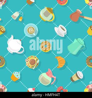 Colorful flat vector seamless pattern with coffee and tea cups, cappuccino, tea pot, donuts, sweets and with shadows and lines. Food and drink website Stock Vector