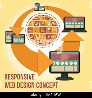 Conceptual vector illustration of responsive interface design with computer, laptop, tablet, smart phone and social networking icons in the form of gl Stock Vector