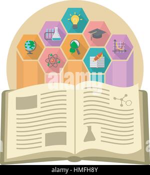 Modern flat illustration of a book as the source of knowledge with different educational icons Stock Vector