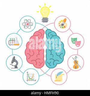 Conceptual flat vector illustration of left and right hemispheres of the brain and different icons of the logical and creative activities. Infographic Stock Vector