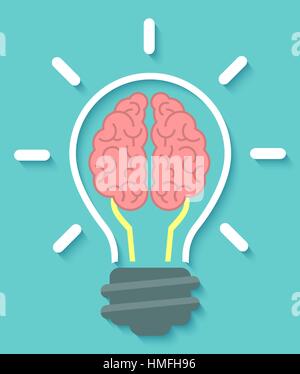 Conceptual flat icon of brain and idea in the form of light bulb with soft shadow isolated on white Stock Vector