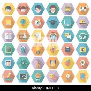 Modern flat education symbols in multicolored hexagons with long shadows. School icons of different subjects and concepts Stock Vector
