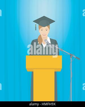 Graduation ceremony speech flat vector illustration. Young smiling Asian girl graduate in a gown and a mortarboard stands at a podium and gives a grad Stock Vector