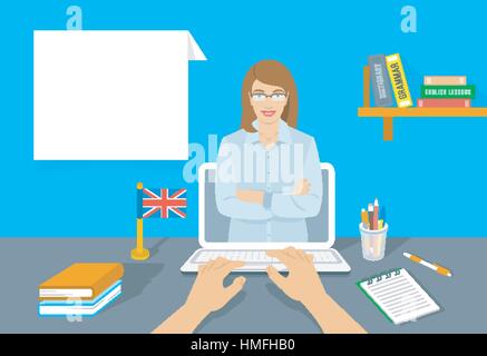 Online Internet language courses flat vector illustration. Foreign languages study at home using computer. English teacher with text box and book, not Stock Vector