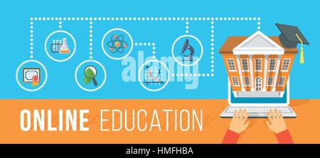 Modern flat vector conceptual horizontal illustration of online education using computer. Internet courses and e-learning training by laptop. Infograp Stock Vector