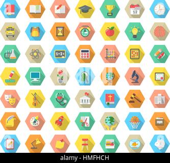 Set of modern flat vector icons of school subjects, activities, education and science symbols in colorful hexagons with long shadows. Concepts for web Stock Vector
