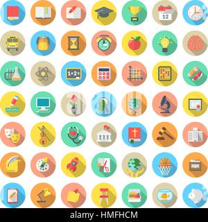 Set of modern flat round vector icons of school subjects, activities, education and science symbols in colorful circles with long shadows. Concepts fo Stock Vector