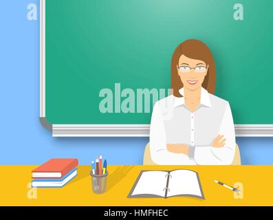 School teacher at desk flat education vector illustration. Young attractive smiling woman teacher sitting at table with school supplies in front of bl Stock Vector