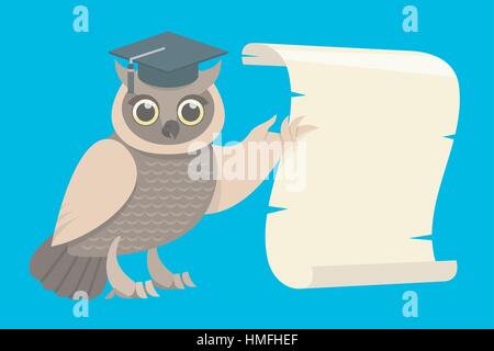 Flat vector illustration of a wise owl in a graduation cap showing the wing on the scroll Stock Vector