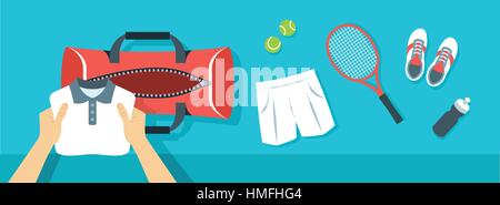 Fitness flat vector background. Man puts tennis stuff for training into sport bag. Top view horizontal banner. Polo shirt, shorts, sneakers, tennis ra Stock Vector