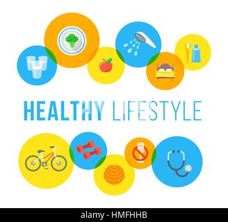 Healthy living flat vector banner. Healthcare and wellness lifestyle background. Regular exercises, daily physical activity, good food, sleep, hygiene Stock Vector