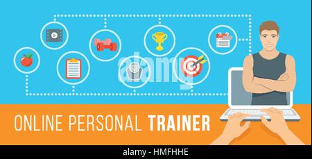 Online personal fitness trainer infographic vector illustration. Concept of web training with virtual instructor who gives advice on diet, workouts pl Stock Vector