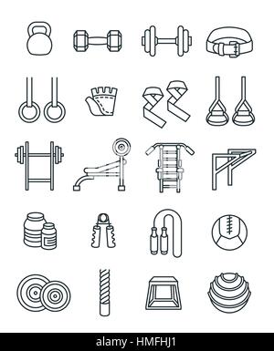 Weightlifting flat thin line vector icons set. Bodybuilding exercises equipment pictograms. Weight lifting training objects. Powerlifting gym workout  Stock Vector