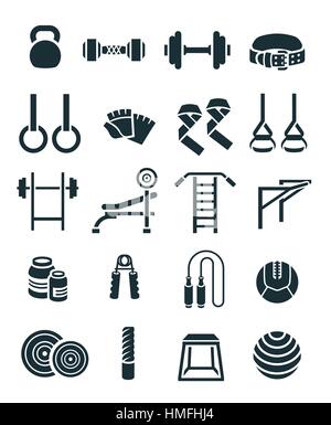 Weightlifting flat vector icons set. Bodybuilding exercises equipment pictograms. Weight lifting training objects. Powerlifting gym workout elements.  Stock Vector