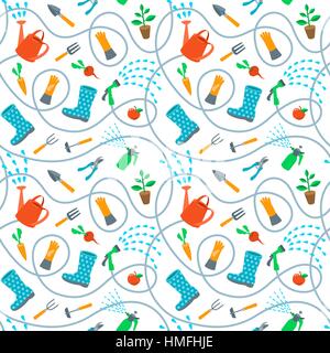 Gardening tools and fruits flat seamless pattern. Cute cartoon repeating endless background with scattered colorful objects and wriggling hose on whit Stock Vector