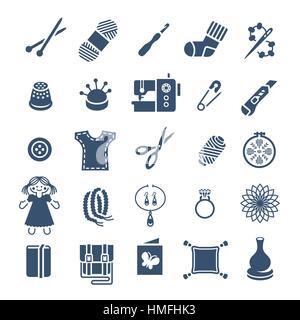 Vector flat icons of women handmade hobby activities. Tools for sewing, knitting, embroidery, beadwork. Homemade toys, clothes, jewelry, accessories.  Stock Vector