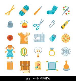 Vector flat icons of women handmade hobby activities. Tools for sewing, knitting, embroidery, beadwork. Homemade toys, clothes, jewelry, accessories.  Stock Vector