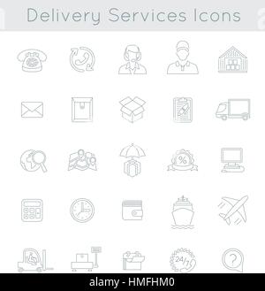 Set of modern flat thin line vector icons of delivery service, logistic business, shipping and transportation. Linear conceptual symbols for interface Stock Vector